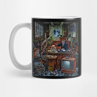 watercolor locust with frog head in court Mug